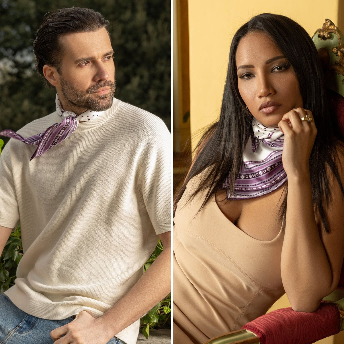 Women&#39;s and men&#39;s white and purple silk neckerchief