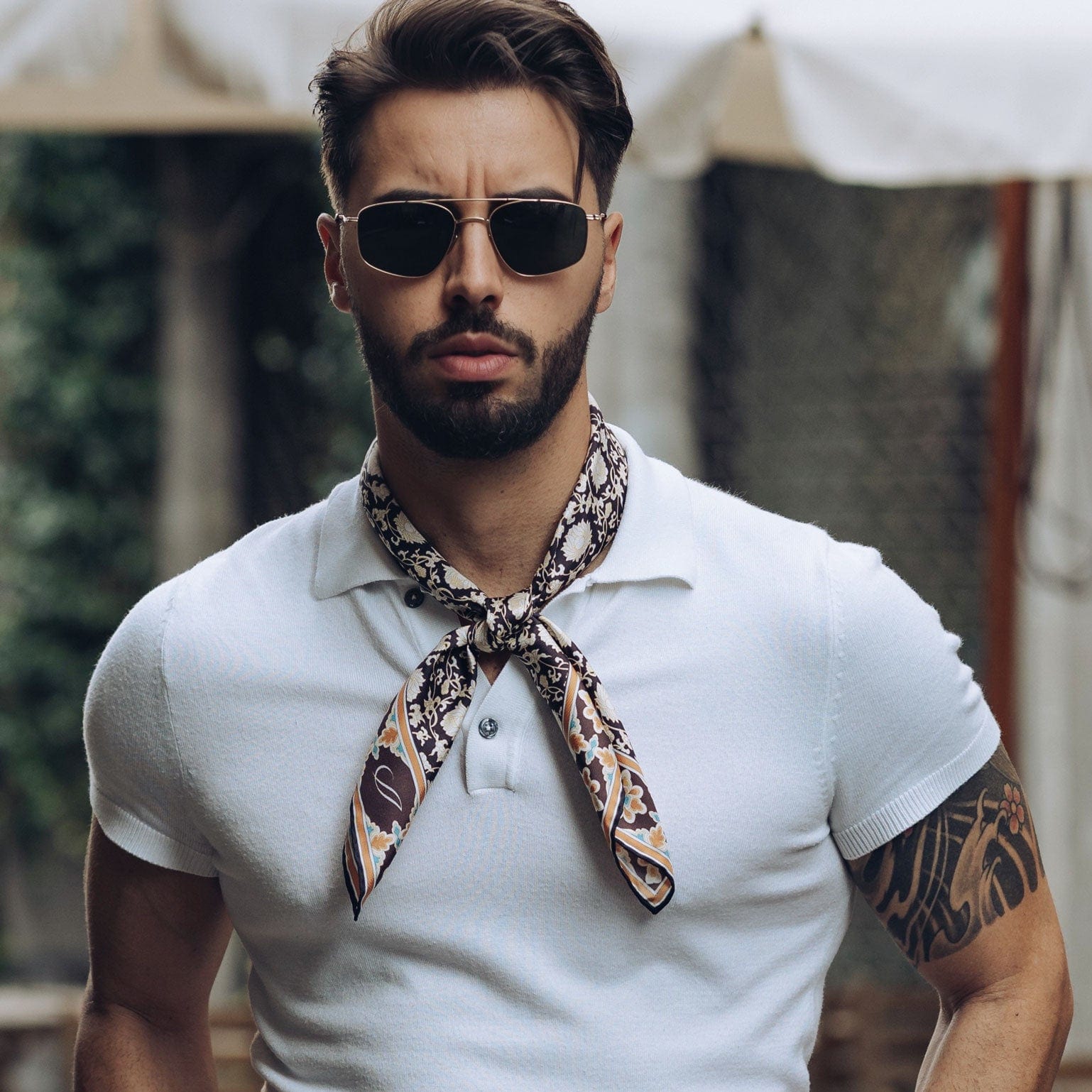 Brown Floral Italian Silk Neckerchief