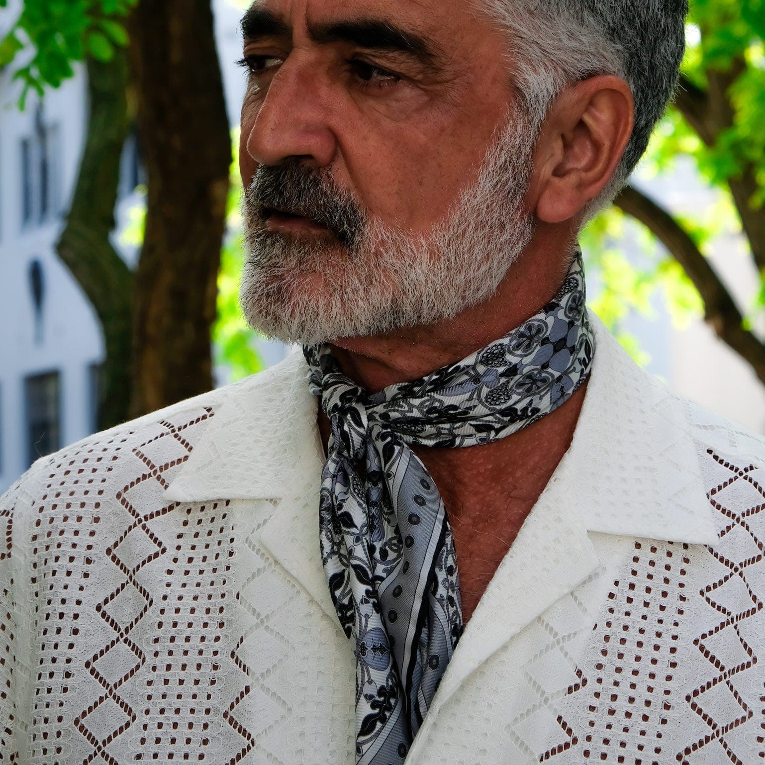 Grey Patterned Italian Silk Neckerchief