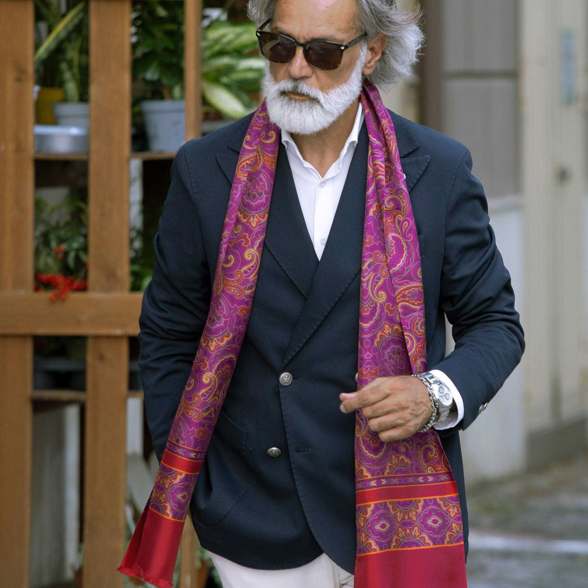 Men&#39;s magenta paisley silk scarf from Italy.