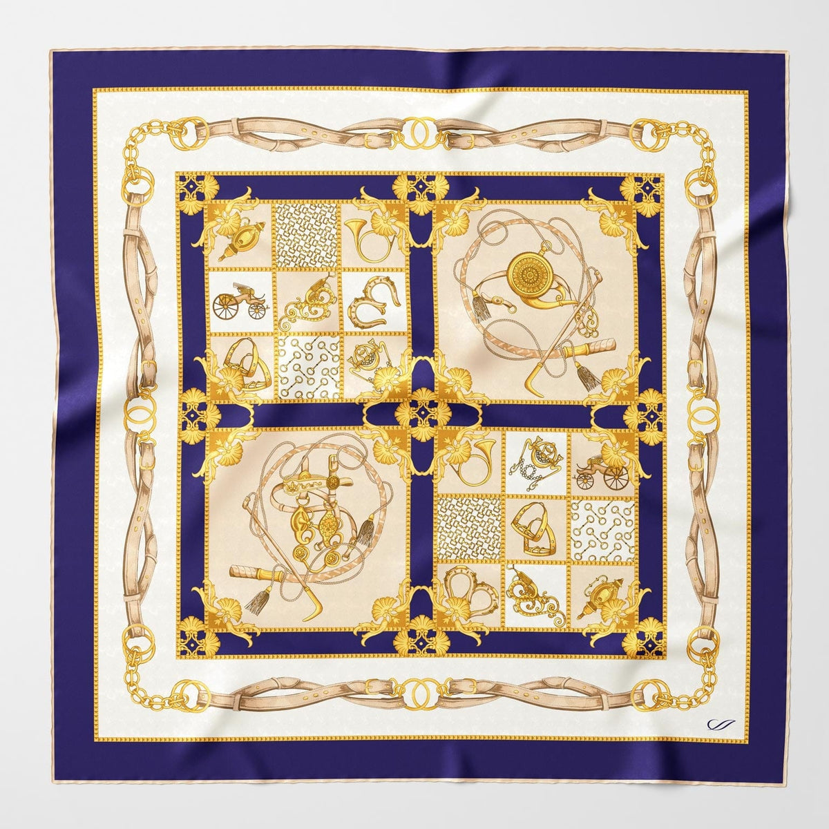 Navy Equestrian Print Italian Silk Scarf