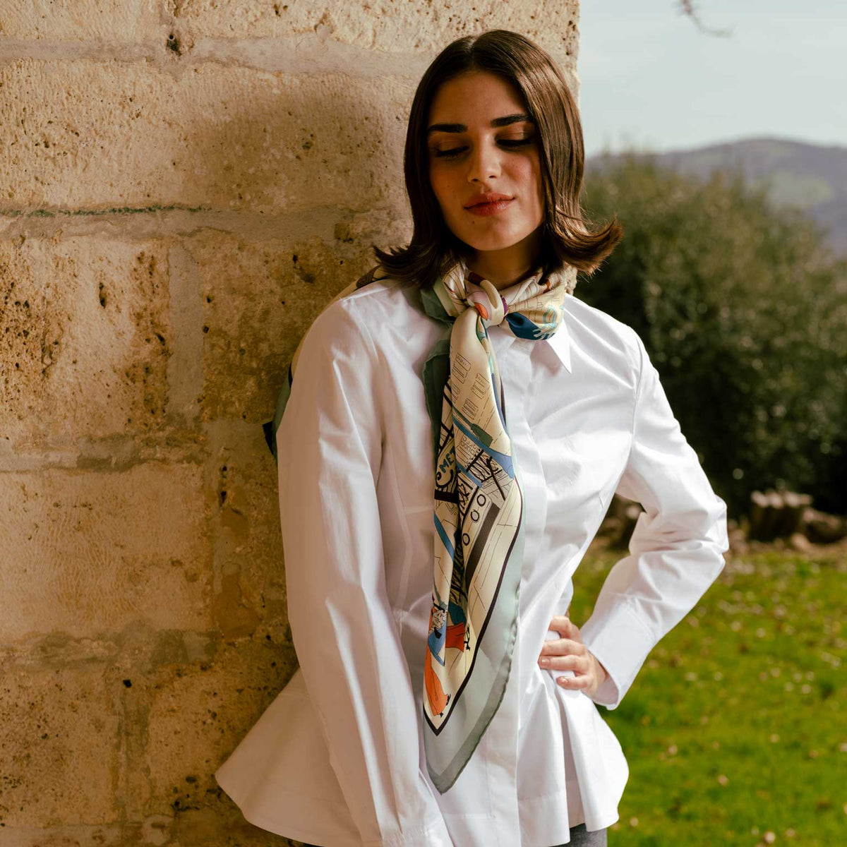 Tan and Aqua Italian Silk Square Scarf