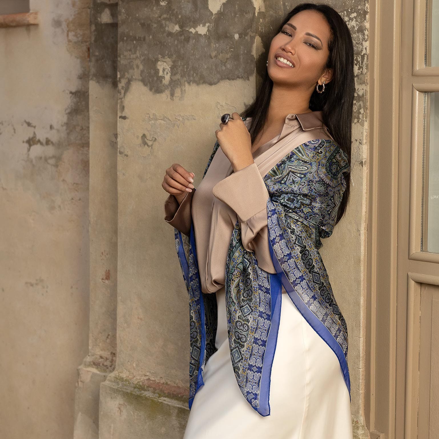 Luxury blue paisley extra large silk chiffon scarf wrap