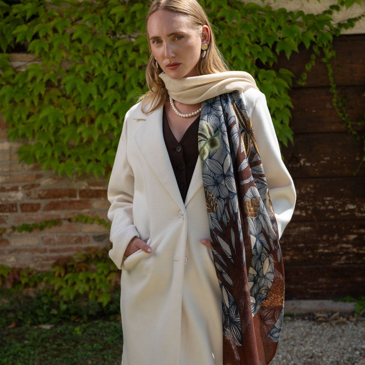 Women&#39;s luxury printed cream and brown Italian wool scarf