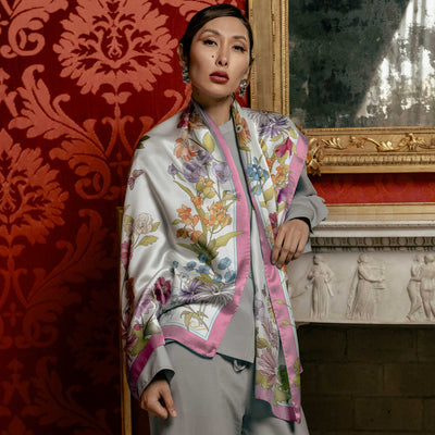 Luxury pink floral long silk scarf for womren made in Italy