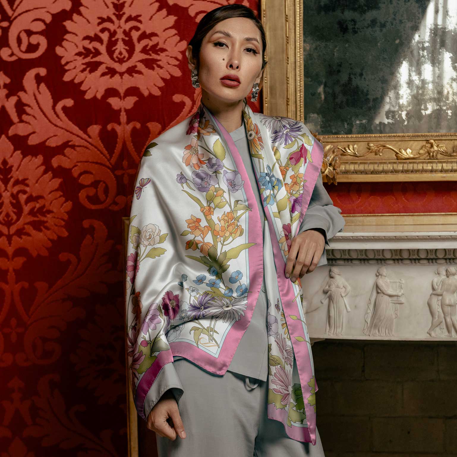 Luxury pink floral long silk scarf for womren made in Italy