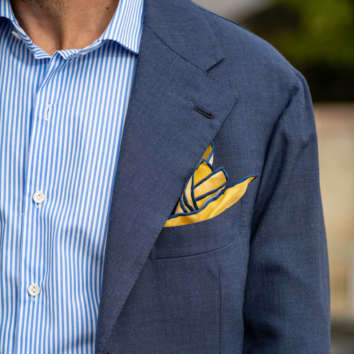 hand-rolled luxury yellow blue Italian silk pocket square