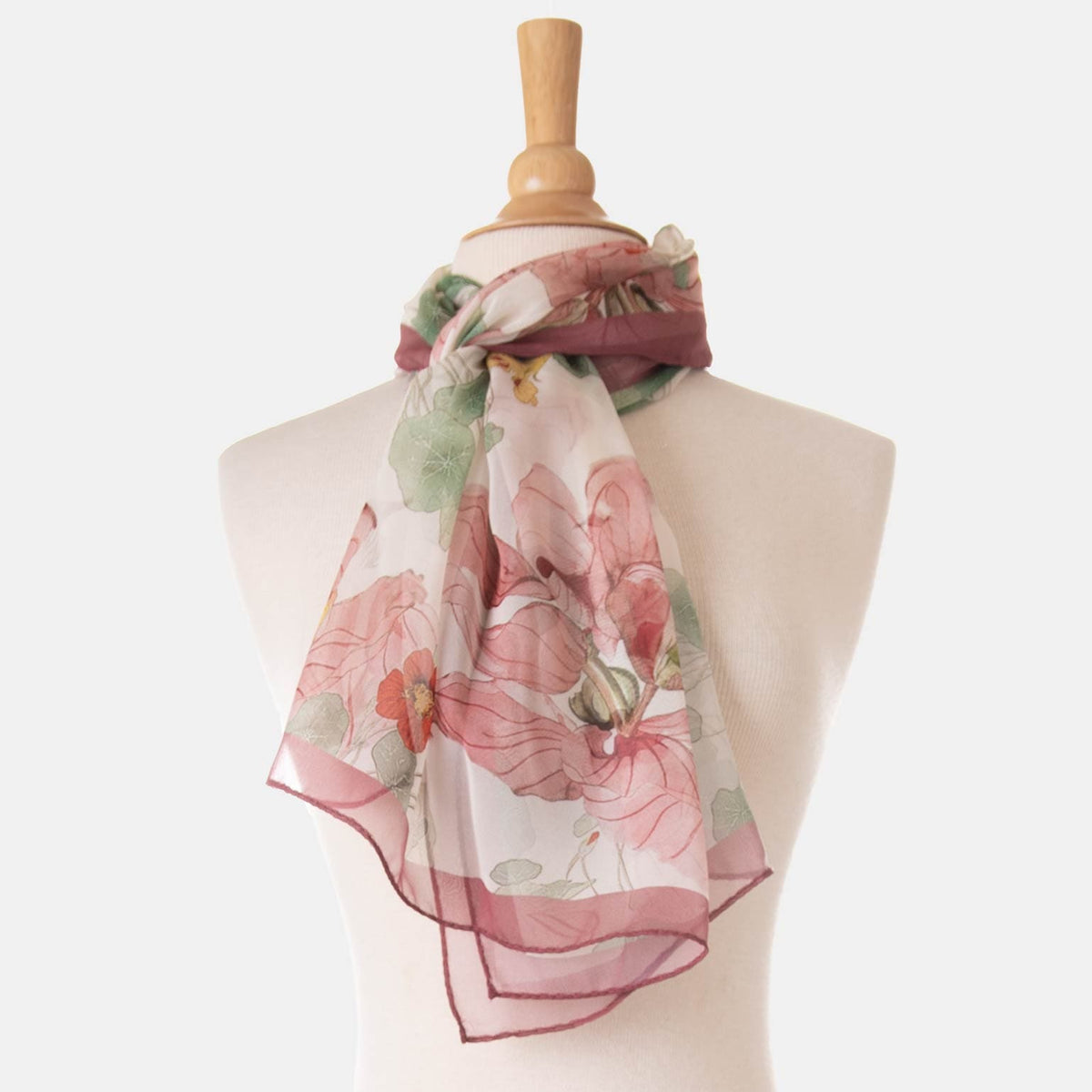 Antique Rose Sheer Silk Floral Long Scarf