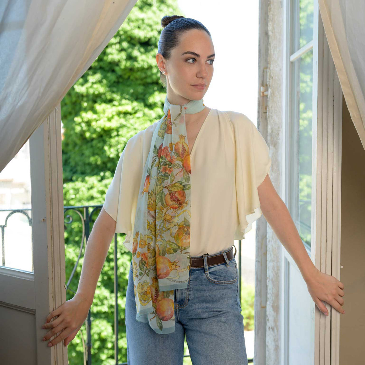 Women's Aqua Italian Long Silk Scarf