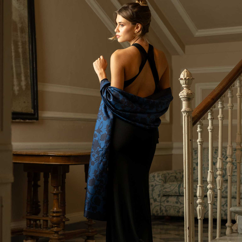 洋楽 silk Blue Floral Italian Silk Evening Shawl
