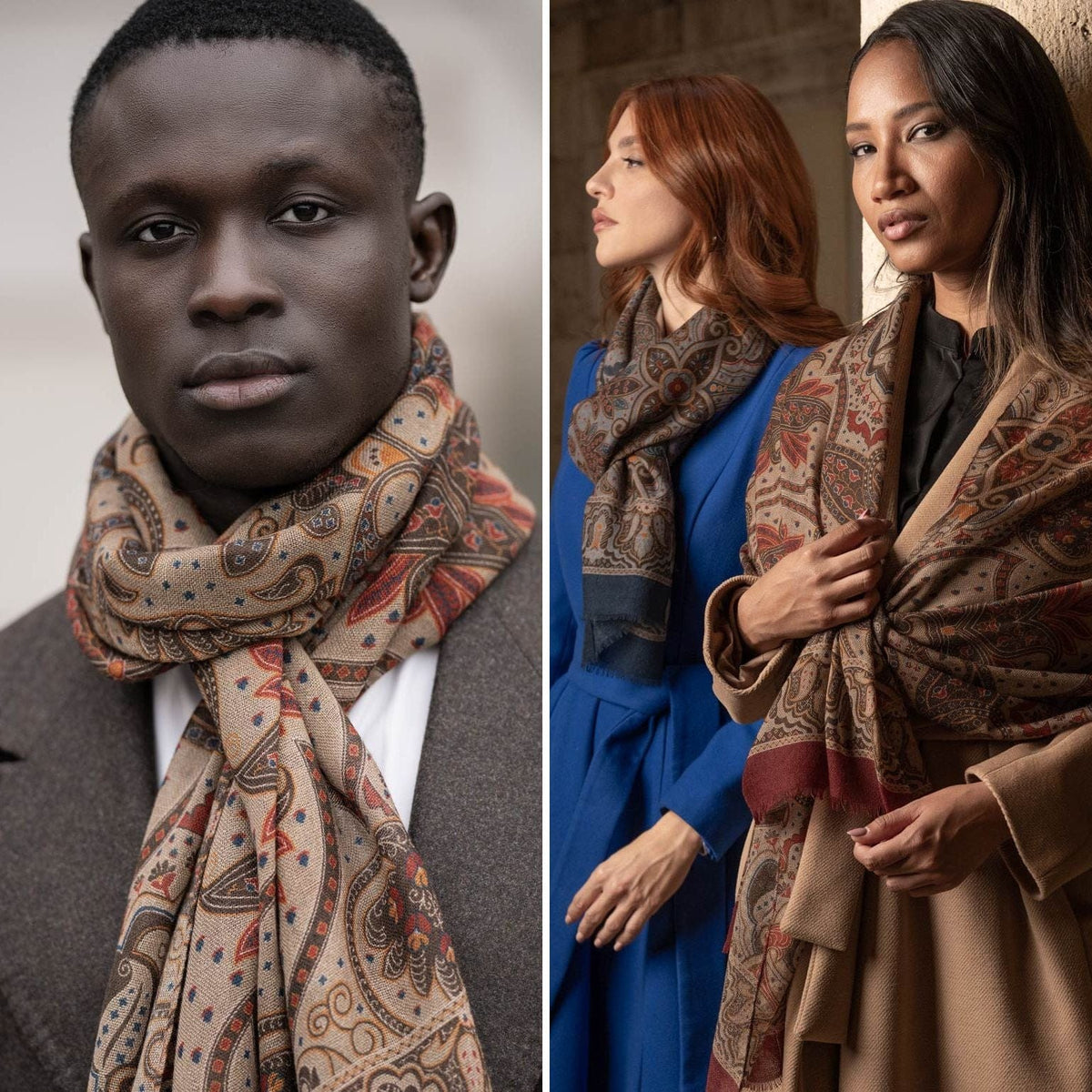 Beige &amp; Brick Red Soft Lightweight Italian Wool Scarf