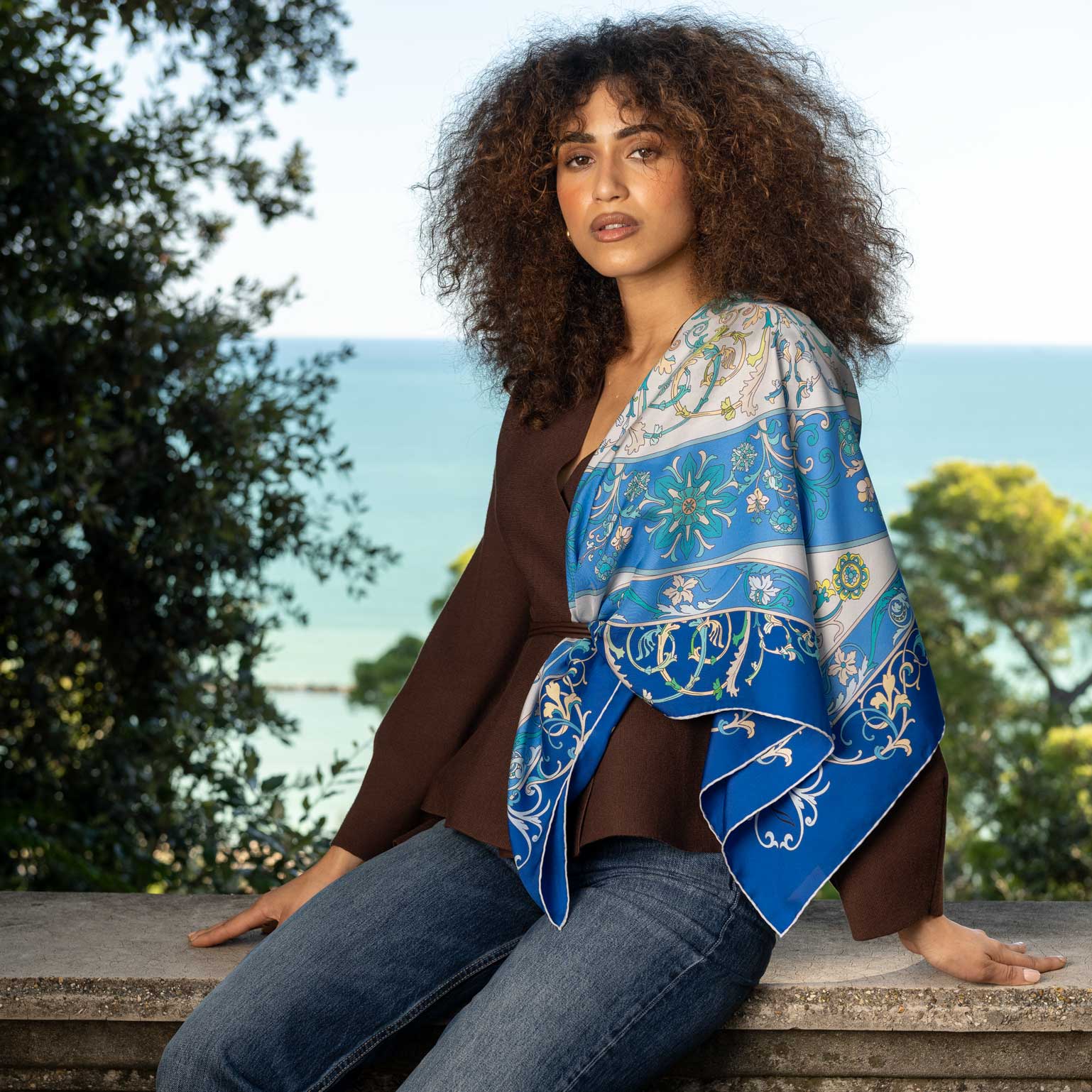 Blue Floral Italian Silk Square Scarf