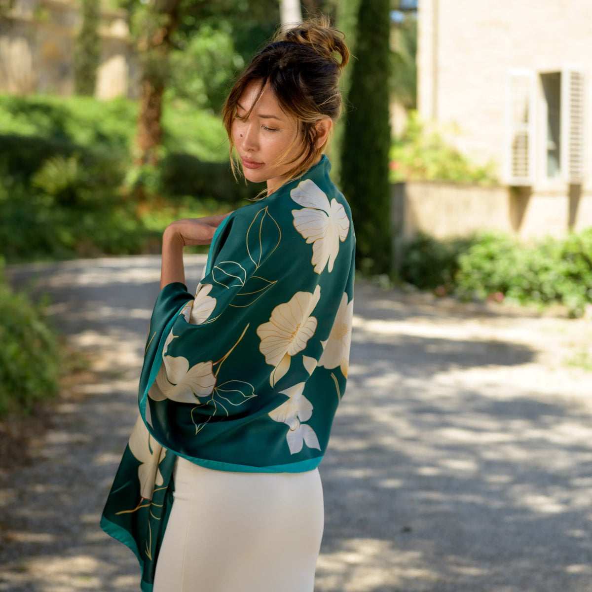 Italian Silk Satin Evening Shawl - Green