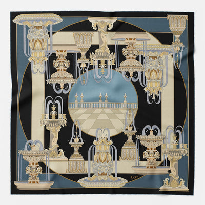 Decorative scarf with classical architecture design featuring columns, arches, and fountains.