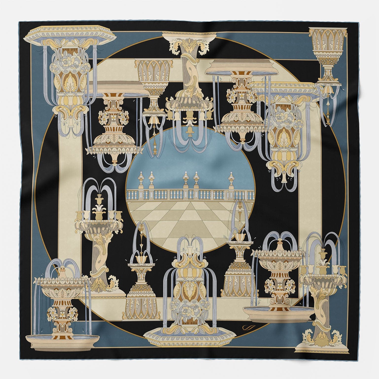 Decorative scarf with classical architecture design featuring columns, arches, and fountains.