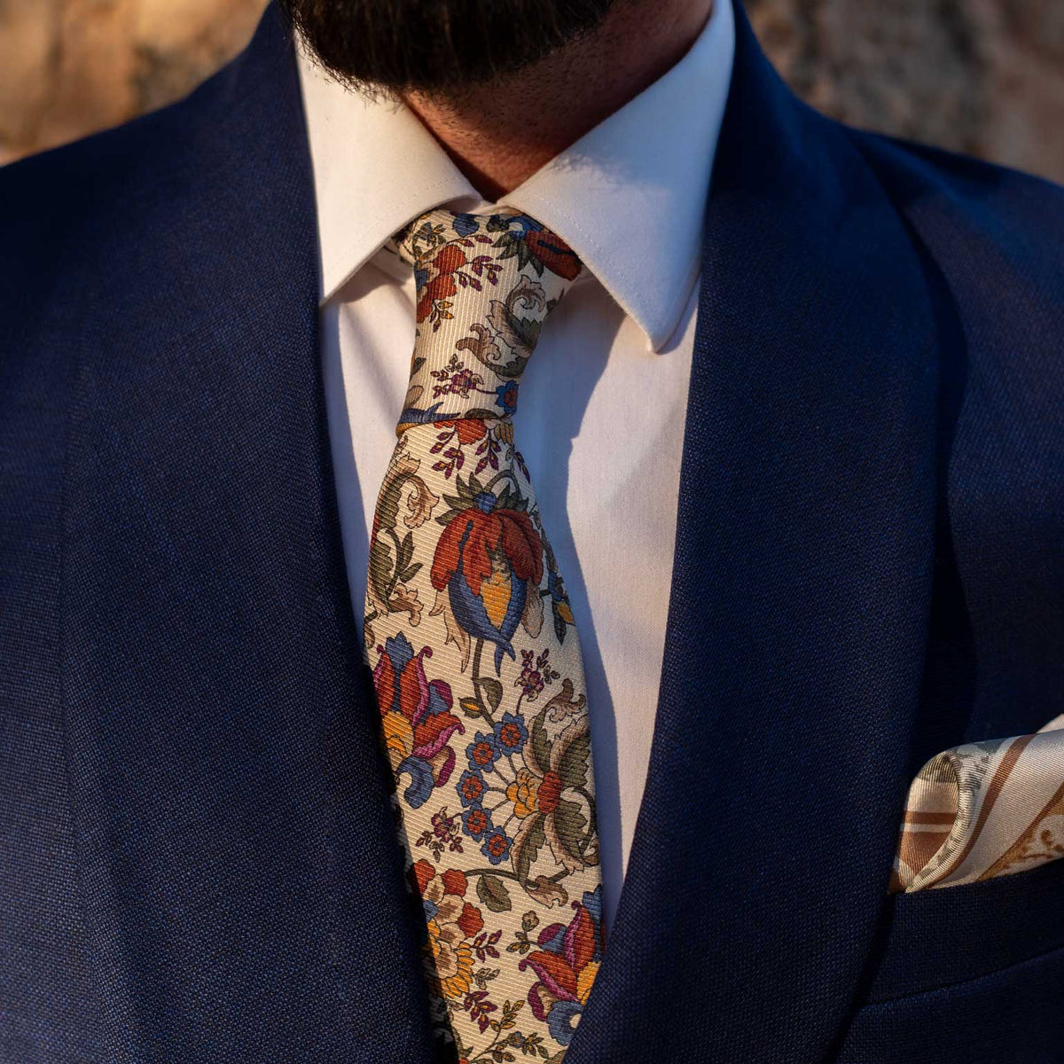 Man wearing a luxury handmade floral silk tie from Italy