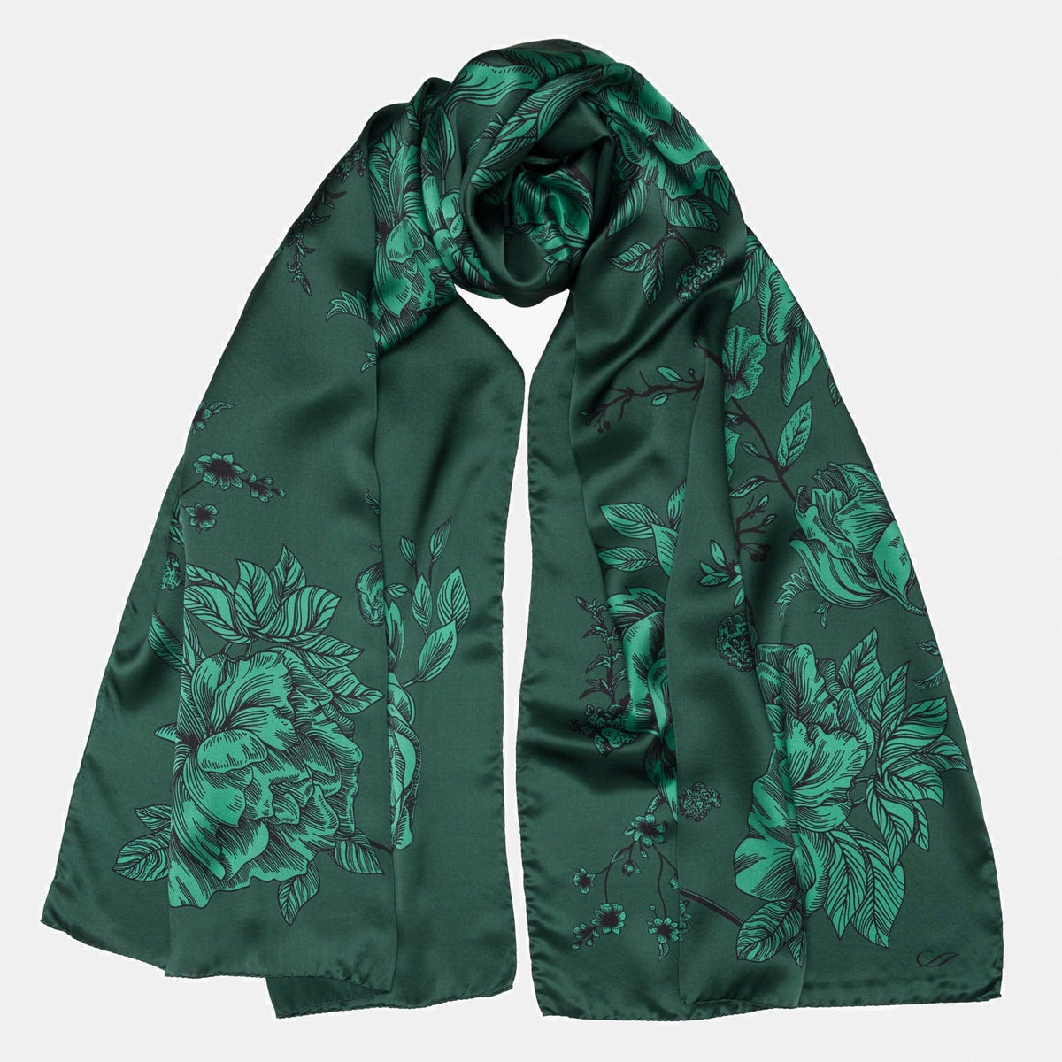 Green Floral Italian Silk Satin Shawl