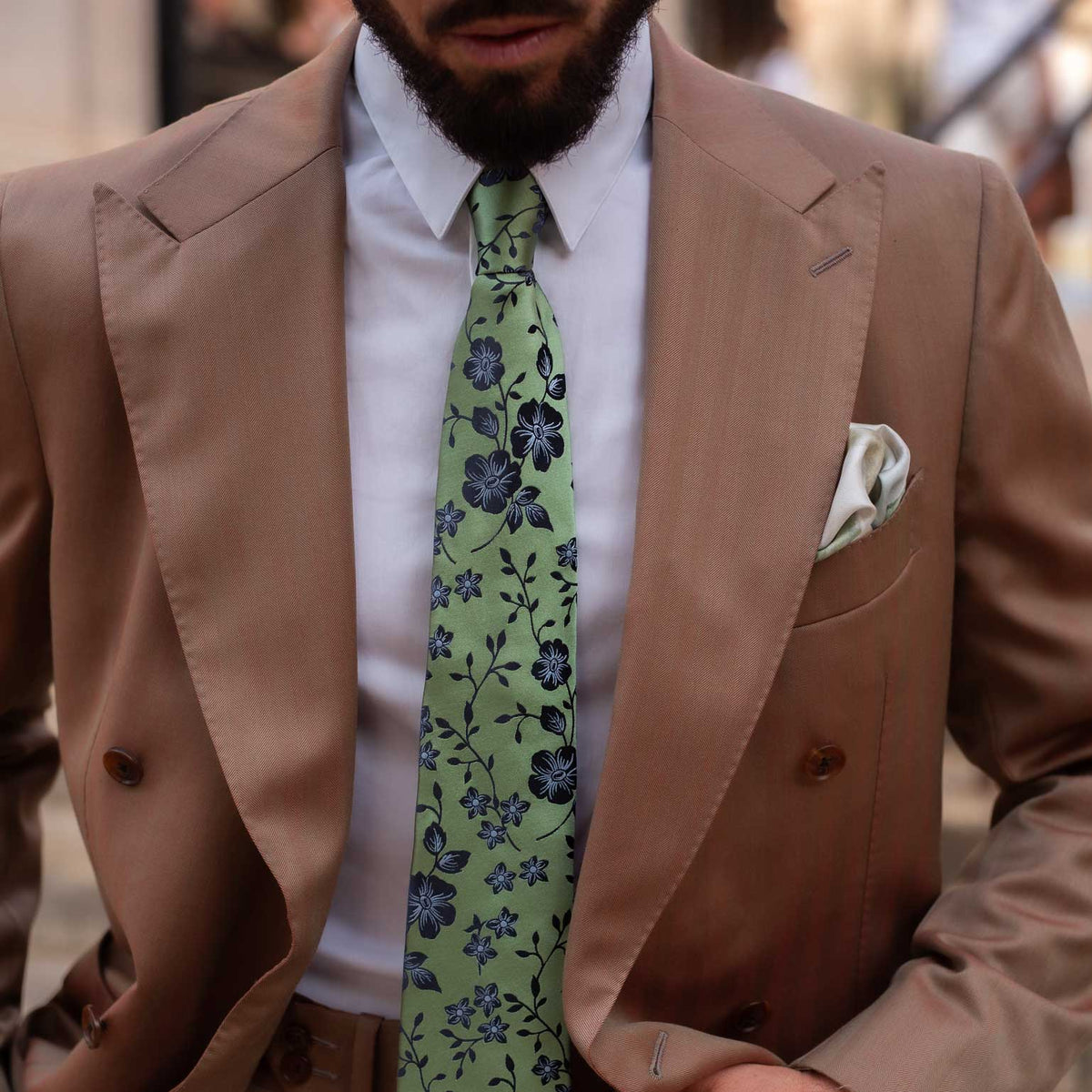 Handmade green floral Italian silk tie