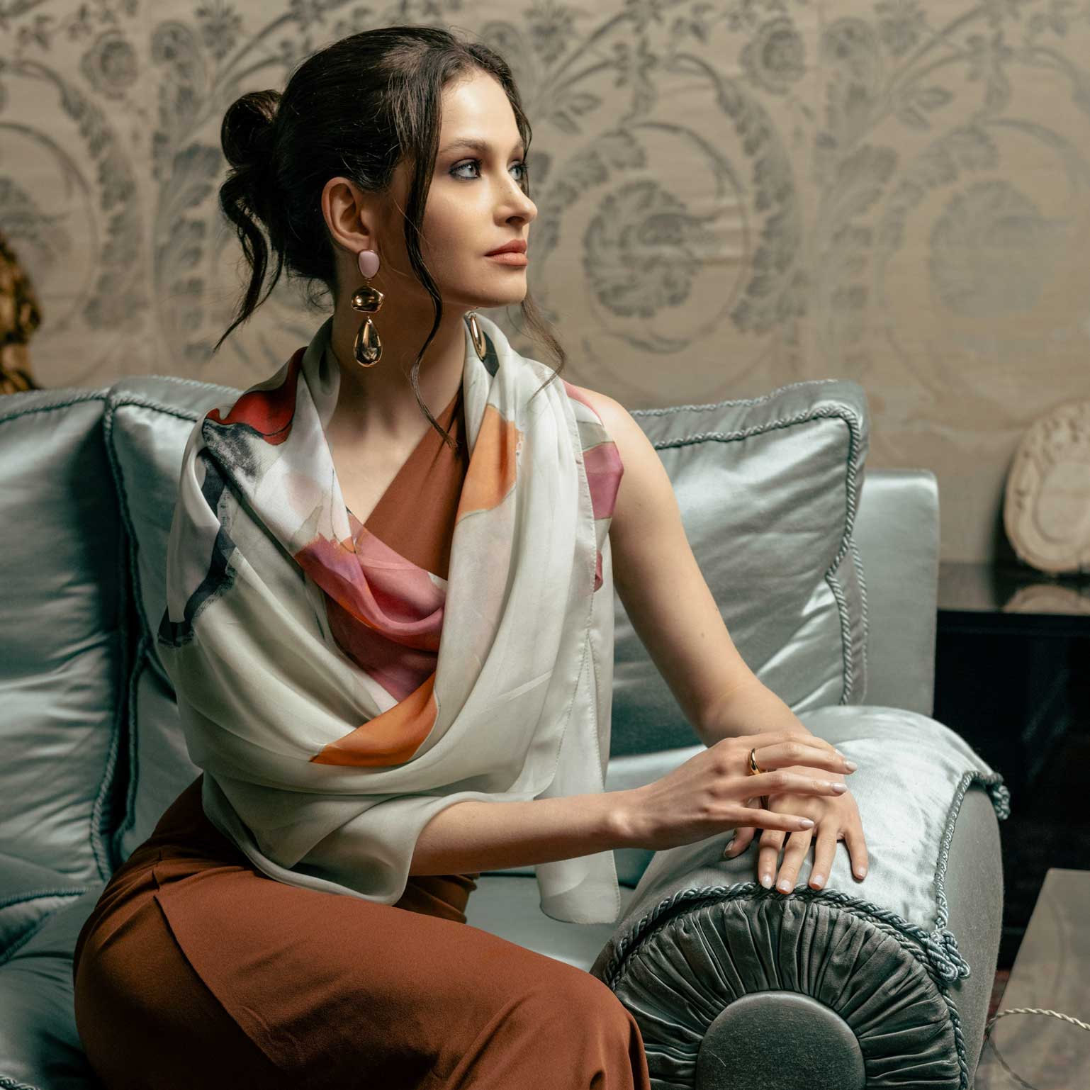 Women's luxury sheer jade green silk wrap shawl made in Italy