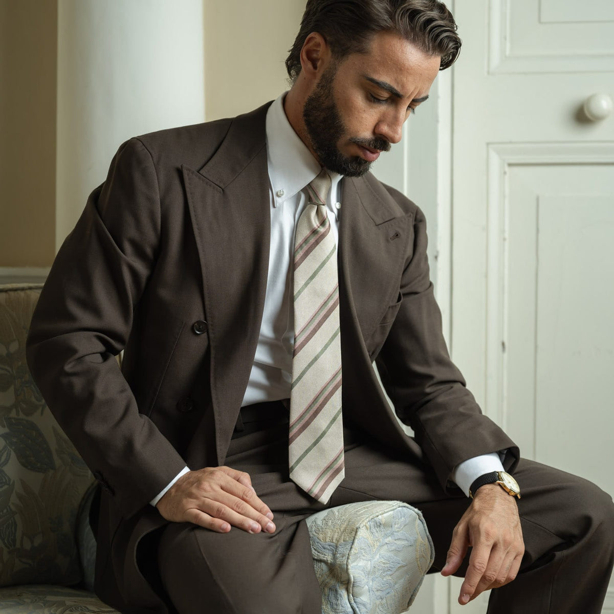 Beige Striped Handmade Italian Silk Tie