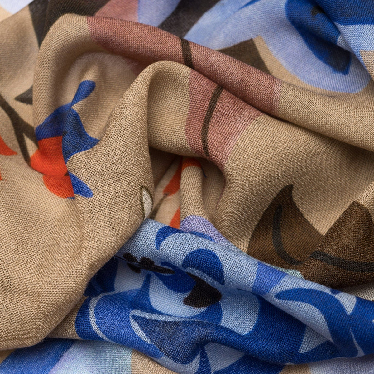 Large Beige Floral Italian Wool Scarf