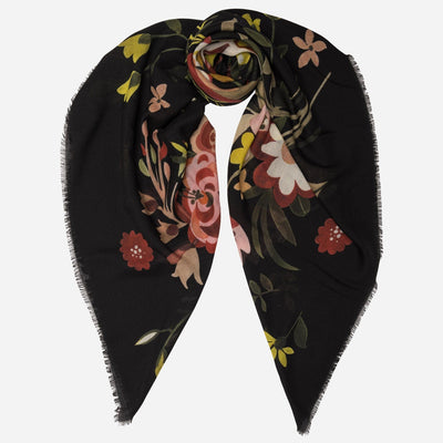 Large Black Floral Italian Wool Scarf