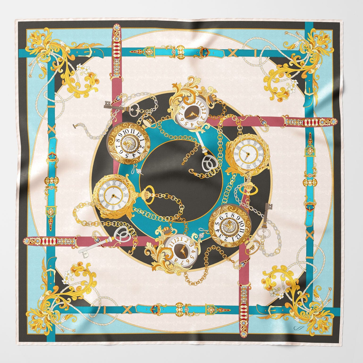 Aqua Pocket Watch Design Silk Square Scarf