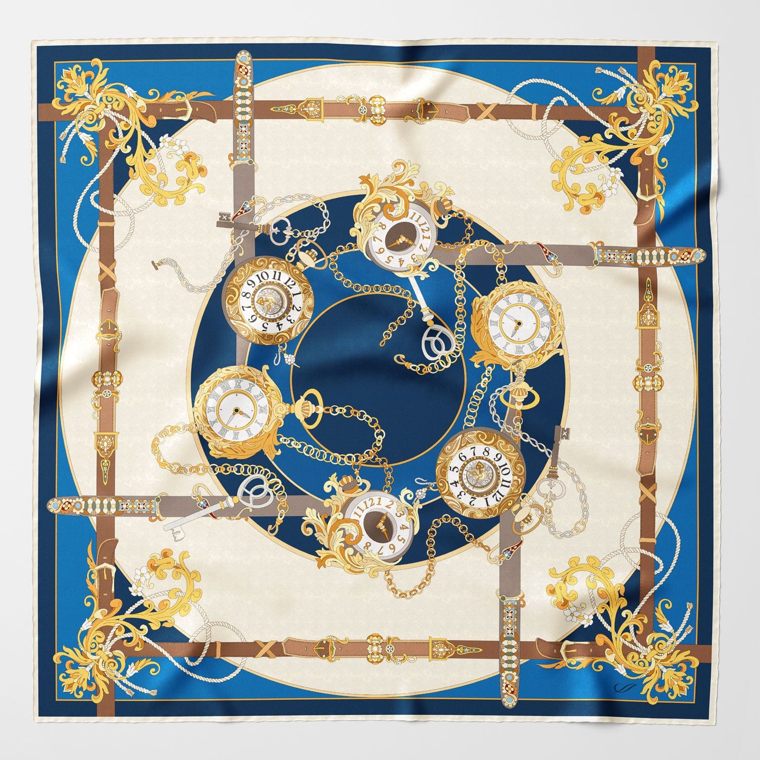 Blue Pocket Watch Design Silk Square Scarf