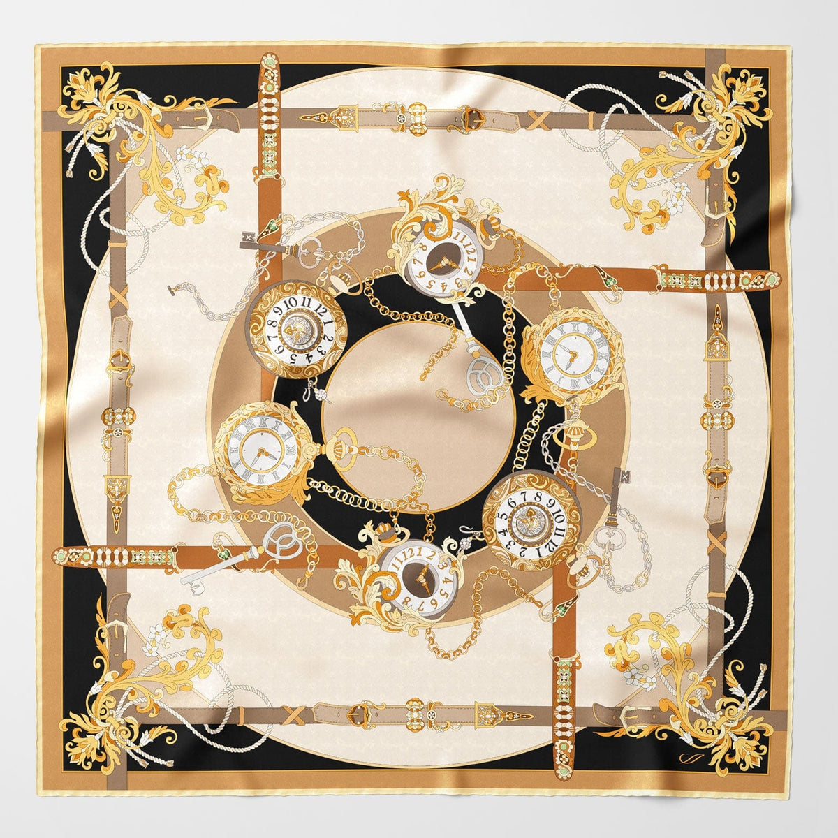 Gold Pocket Watch Design Silk Square Scarf