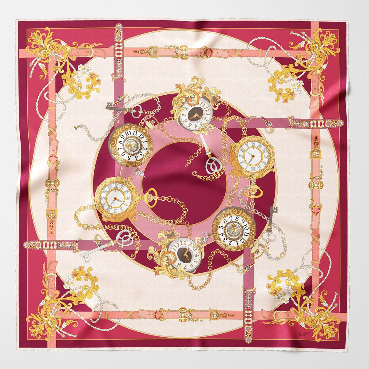 Magenta Pocket Watch Design Silk Square Scarf