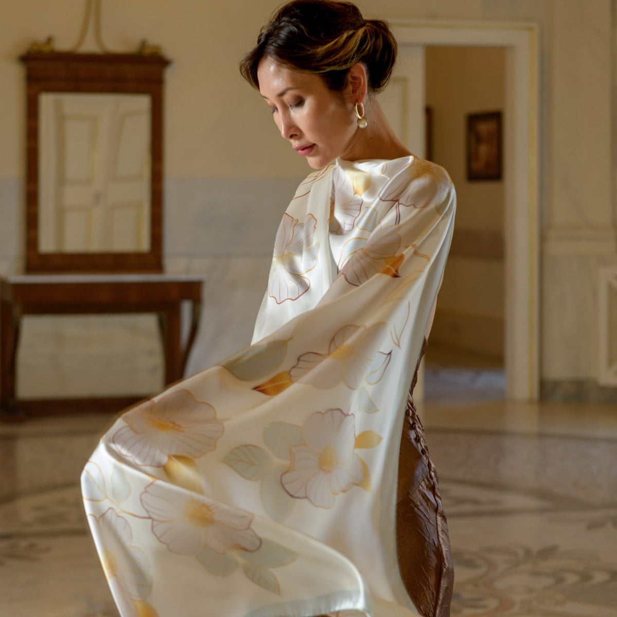 Italian Silk Satin Evening Shawl - Ivory
