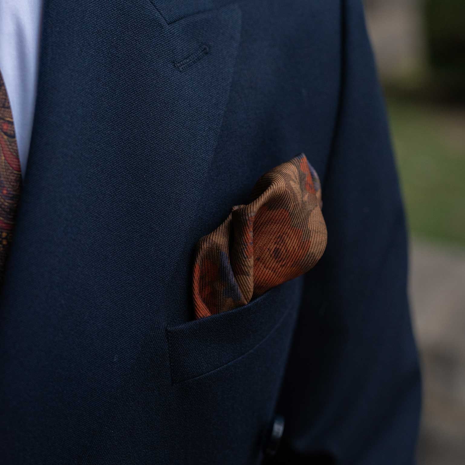 Double Sided Silk Pocket Square Floral Brown