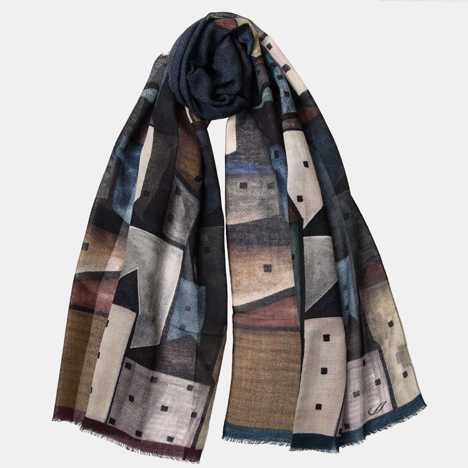 Soft luxurious Italian wool scarf with Village pattern