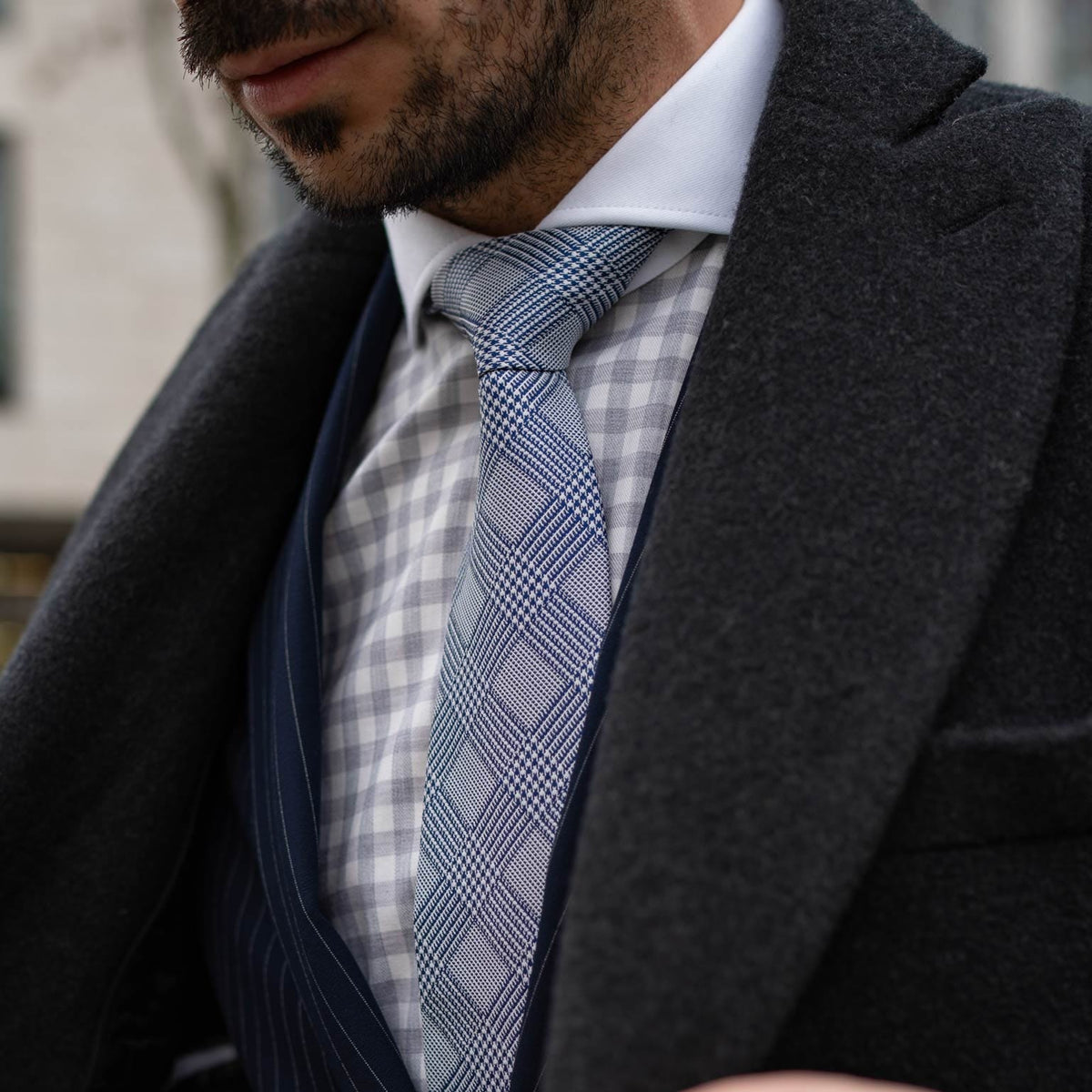 blue white glen plaid Italian silk tie