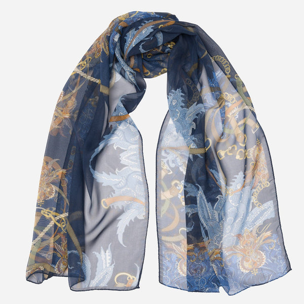 Women's Equestrian Italian Navy Long Silk Scarf