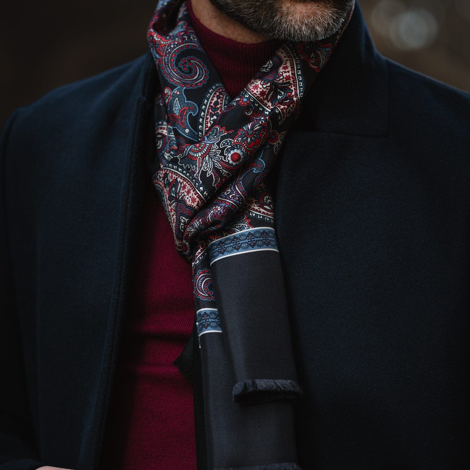 Black Blue & Red Paisley Silk Wool Scarf