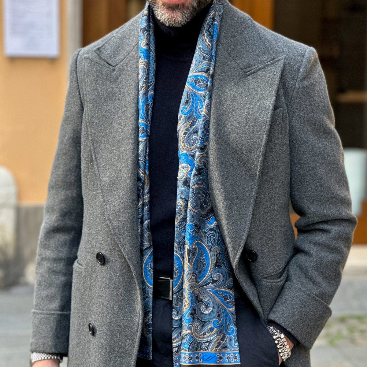 men&#39;s luxury blue paisley silk wool double sided Italian scarf