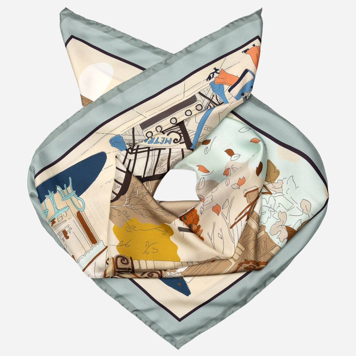 Tan and Aqua Italian Silk Square Scarf
