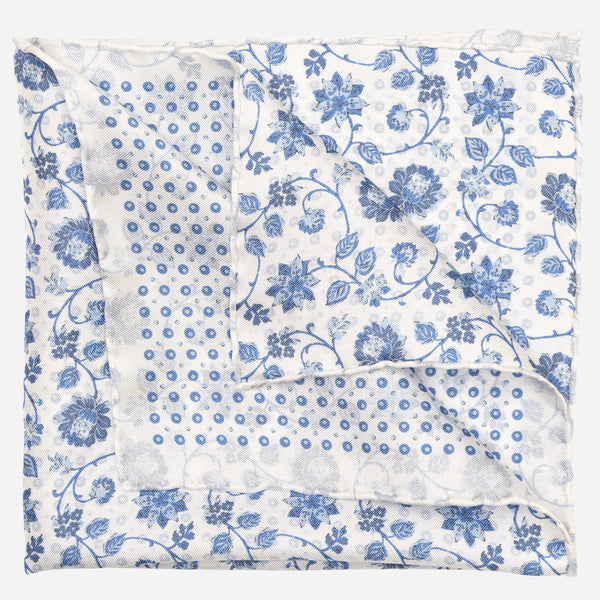 White & Blue Double Sided Silk Pocket Square