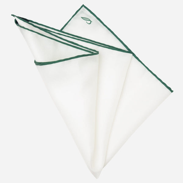 Italian White Dark Green Silk Pocket Square