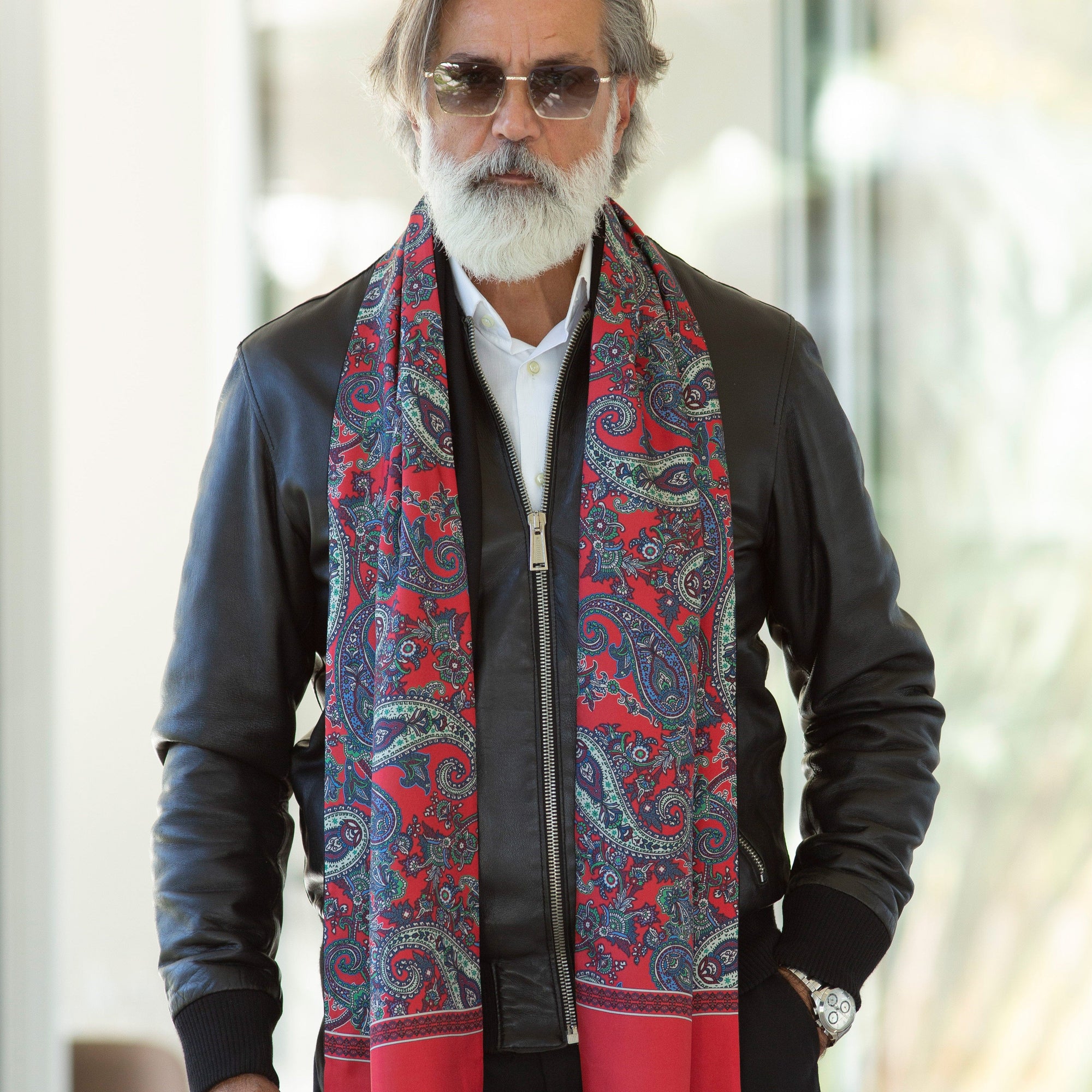 Men's Red Paisley Wool Lined Silk Scarf