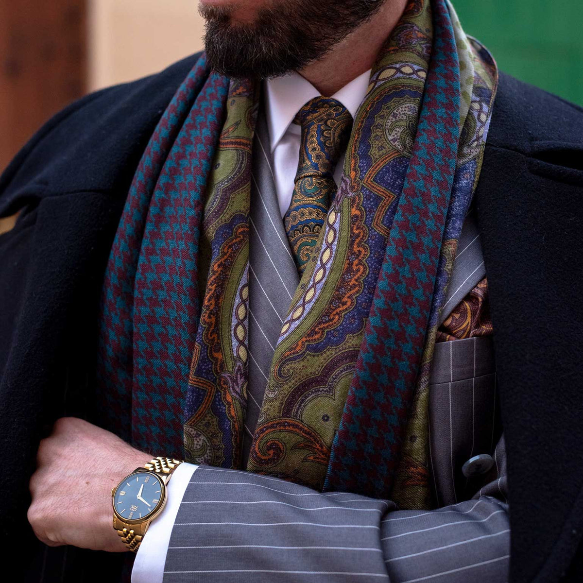 Men's large soft patterned wool scarf from Italy