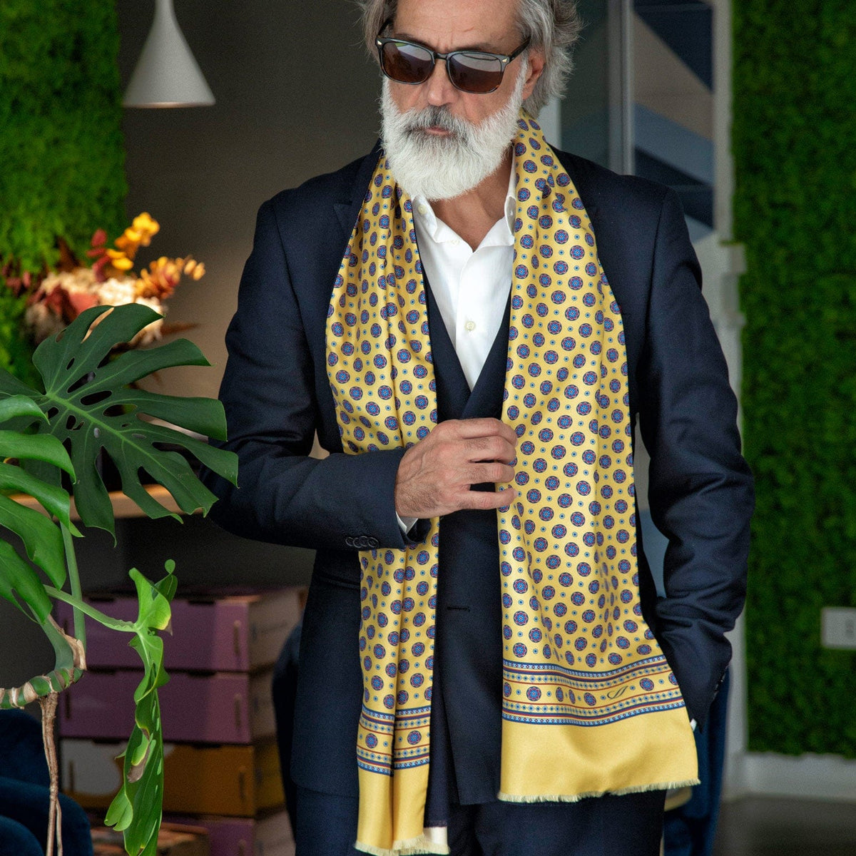 Yellow silk wool double sided luxury Italian scarf for men