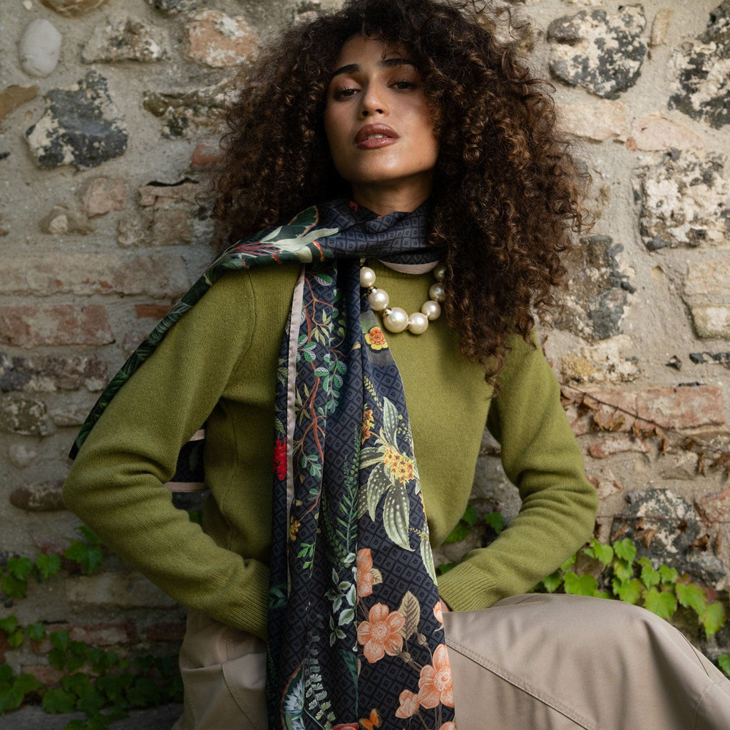 Black Floral Silk Satin Long Scarf