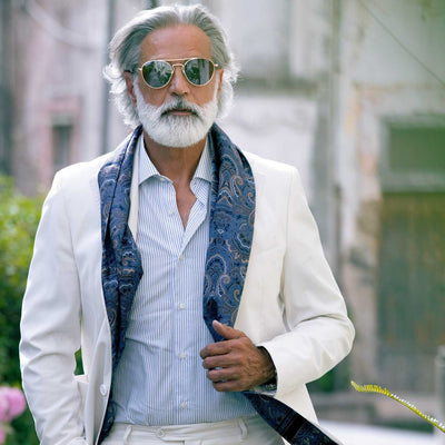 Men's luxury blue and brown paisley Italian silk scarf