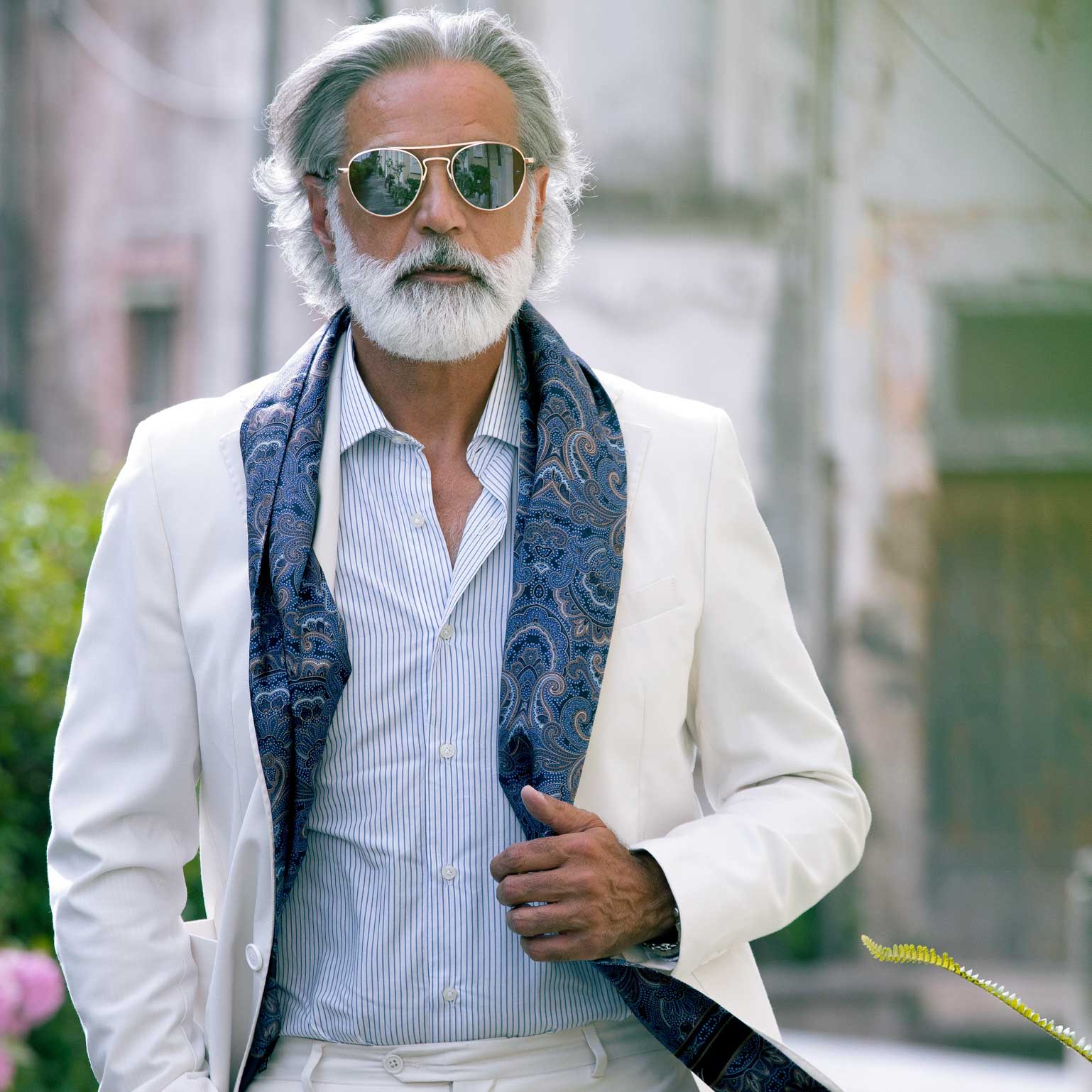 Men's luxury blue and brown paisley Italian silk scarf