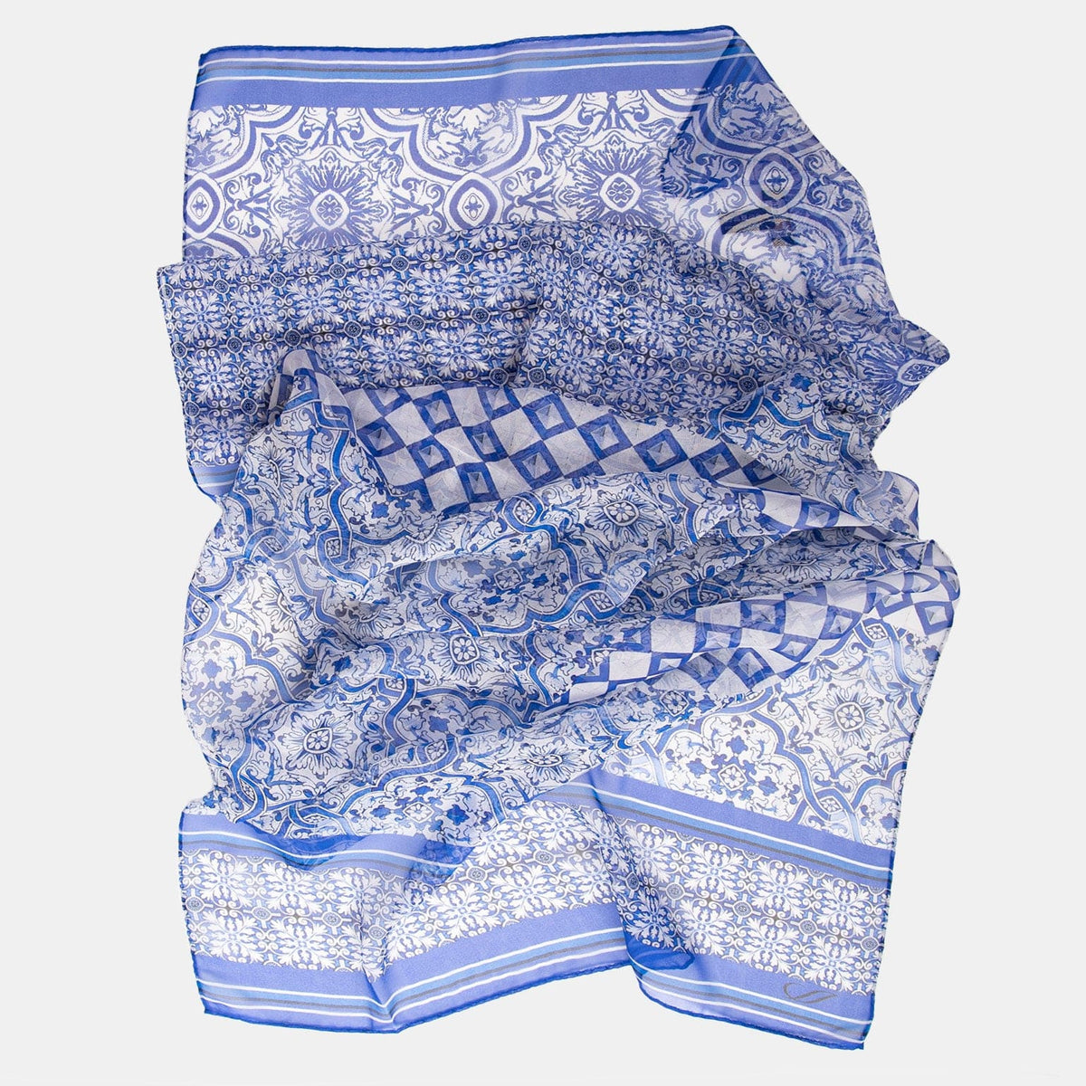 Blue and White Tile Motif Silk Scarf