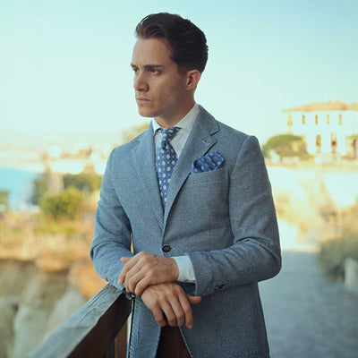 blue double sided hand rolled silk pocket square