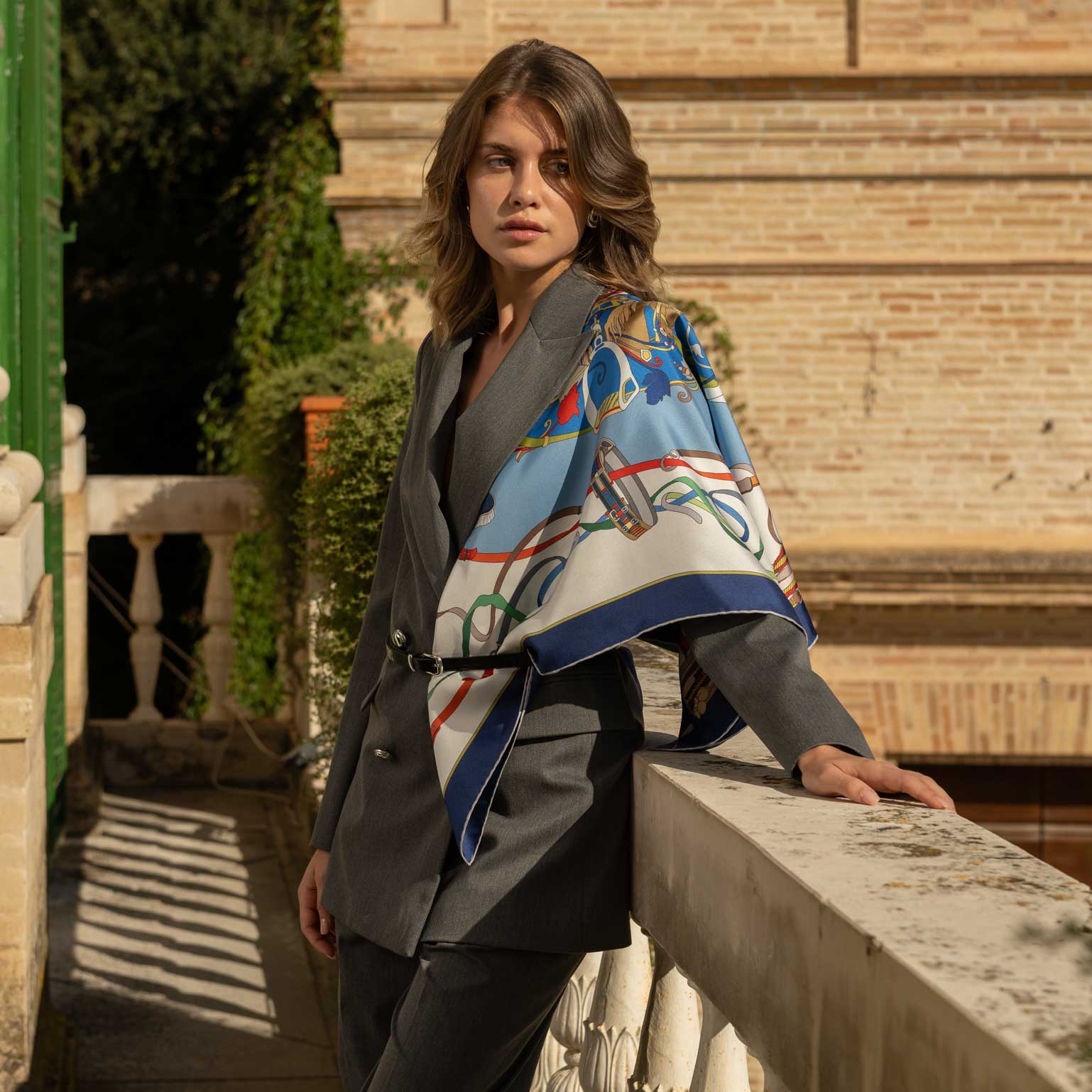 Designer Italian Silk Square Scarf - Blue