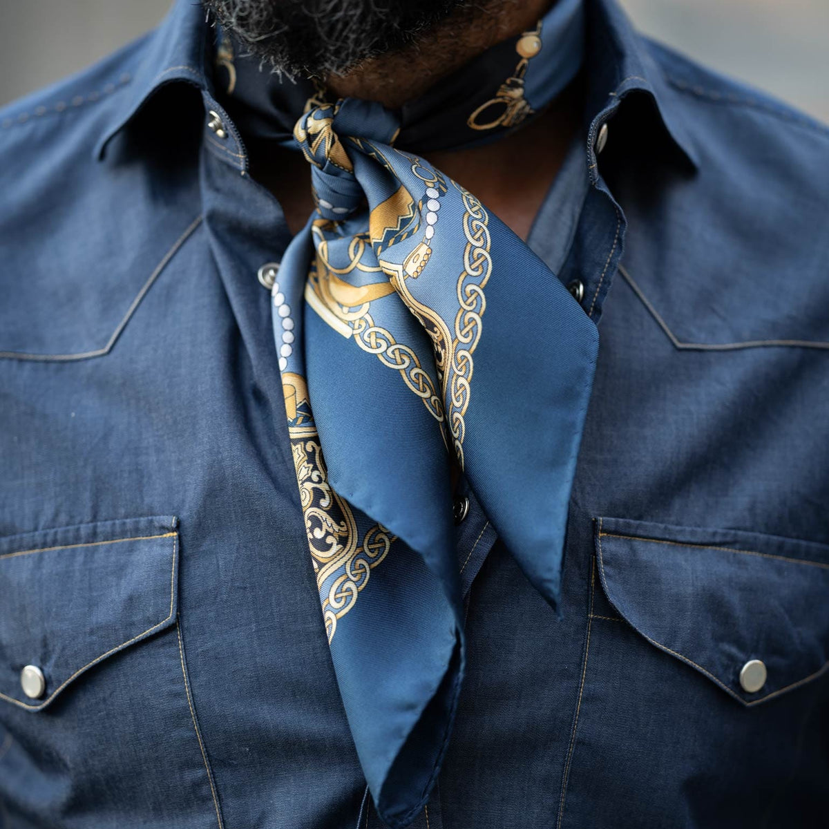 Blue equestrian print small Italian silk neckerchief bandana scarf